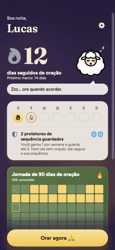 Tela inicial do app com 12 dias seguidos de oração, a semana e a ovelhinha