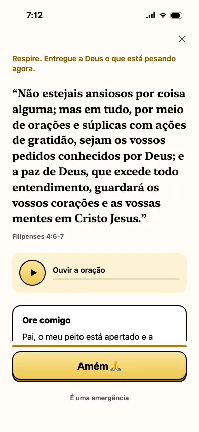 Tela de oração com um versículo de Filipenses 4 e o botão Amém